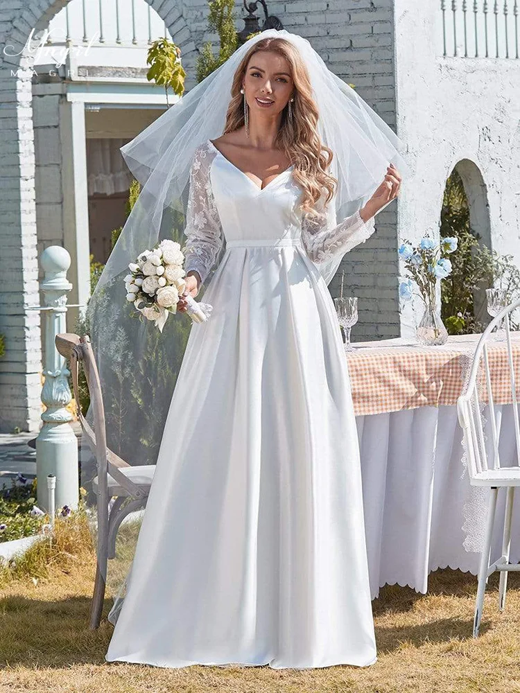 

MNGRL Retro Simple V-neck Long Sleeve Bridal Dresses White Chiffon 3D Flower Wedding Dress Fluffy Skirt Plus Size Wedding Gown