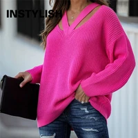 women autumn sexy v neck knitted sweater hollow out oversized pullover office lady elegant jumpers long sleeve top streetwear