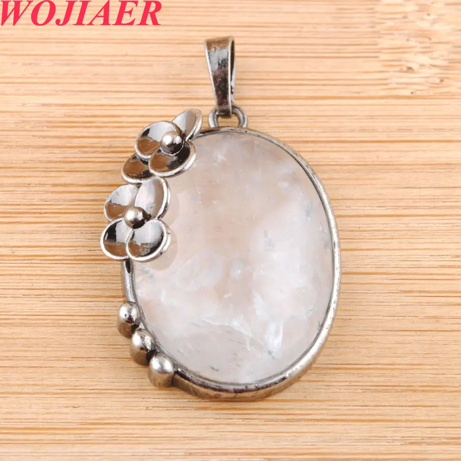 

WOJIAER Vintage Egg Shaped Natural Stone White Crystal Pendant Antique Silver Color Plated Flower Charm Necklaces Jewelry PO9088
