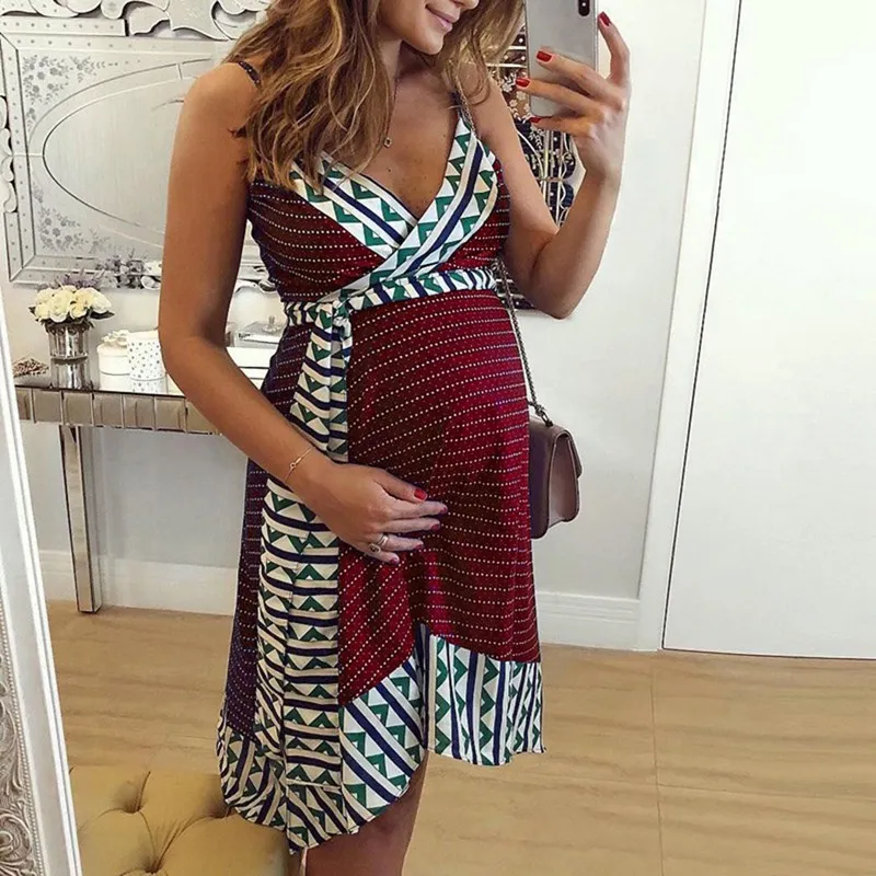 

Pregnant Women V Neck Spaghetti Strap Summer Dress Boho Style Print Loose Backless Maternity Nursing Stripe Breastfeeding Dress