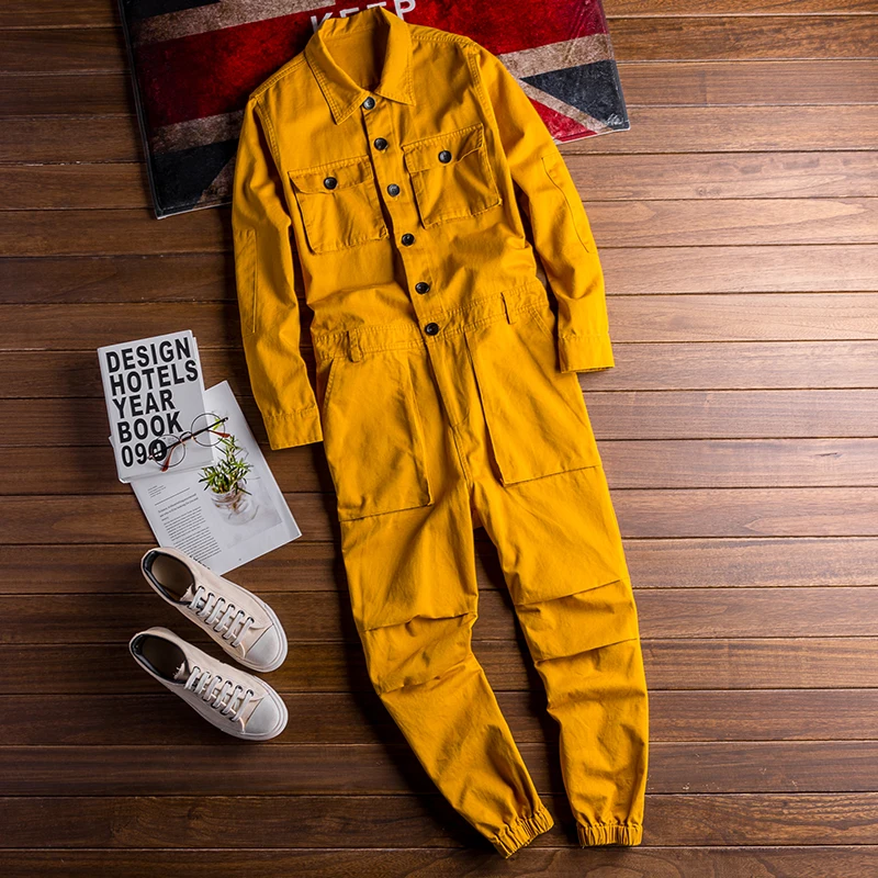 Color: Black Yellow Green Men's Overalls Long-sleeved Show Costumes Spring and Autumn New Overalls jumpsuits Szie S-5XL