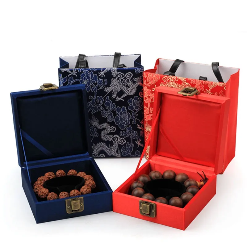 Dragon Pattern Lock catch Chinese Silk Brocade Box with Hand bag Jewelry Packaging Bracelet Gift Box Jewellery Storage Boxes