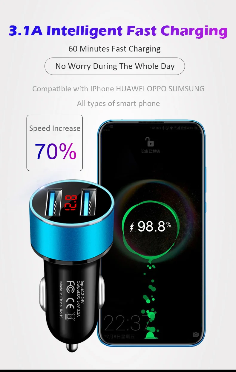 Автомобильное зарядное устройство с цифровым дисплеем Quick Charge 3,0, автомобильное зарядное устройство с двумя Usb, автомобильное зарядное устройство с контролем напряжения и тока, автомобильное зарядное устройство