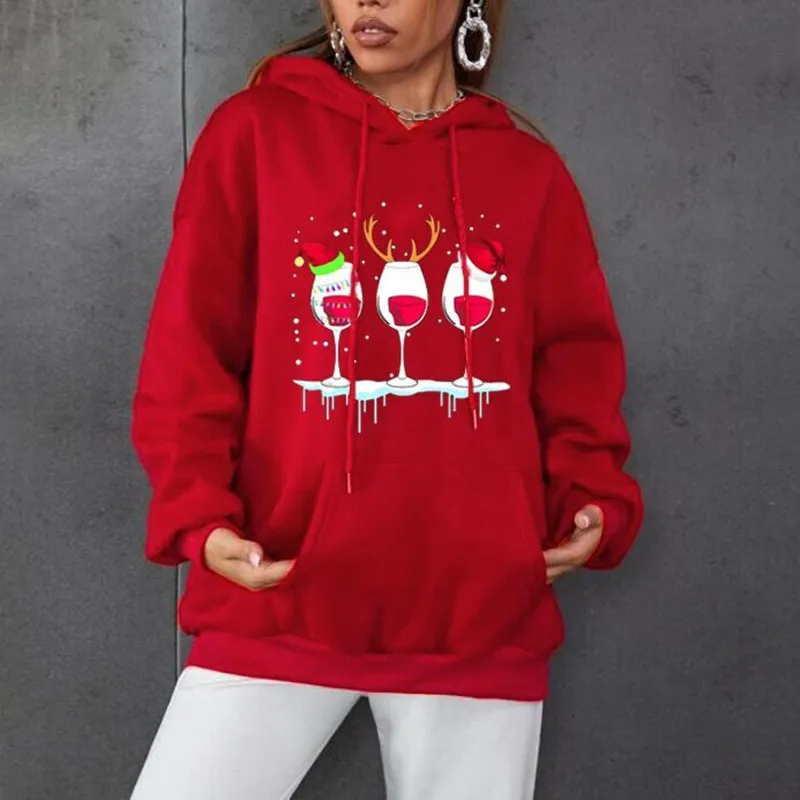 

New Autumn Long Sleeve Women Red Wine Glass Print Sweatshirt Casual Hooded Pockets Drawstring Female Hoodies Winter Fashion Tops