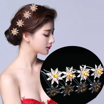 

6pcs Fresh Hairpin Plug Pin Alloy U-type Small Flower Women Hair Accessories Hair Stick Hair Ornaments For Bride Female