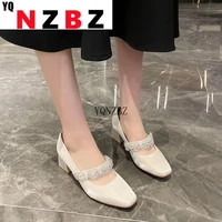 chunky sexy shallow women shoes spring 2022 new mid heels dress woman shoes luxury brand bling beaded mary janes femme zapatos
