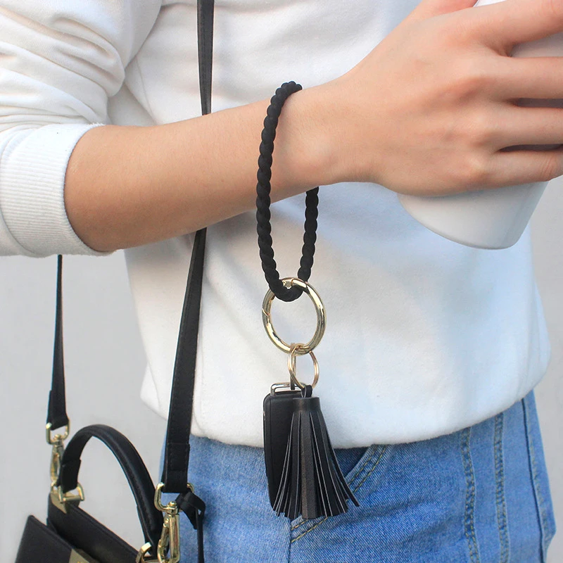 

New Fashion O Type Keychain Silicone Key Ring Tassel Pendant Silica Gel Wrist Strap Solid Wristband Unisex Circle Key Chain