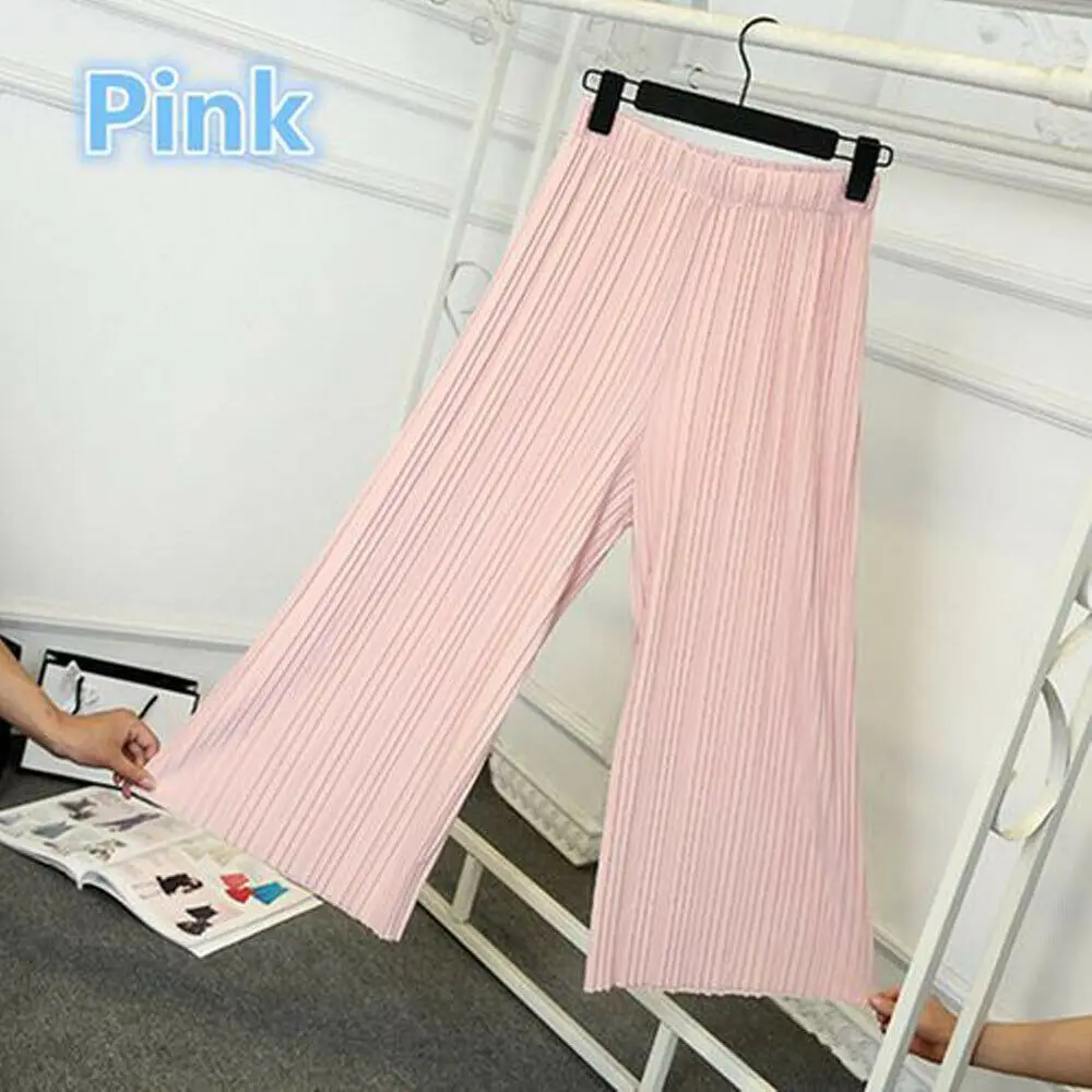 

New Brand Summer Women Ladies Solid Pleated Chiffon Elastic Wide Leg Pants High Waist Casual Loose Culottes Trousers Holiday