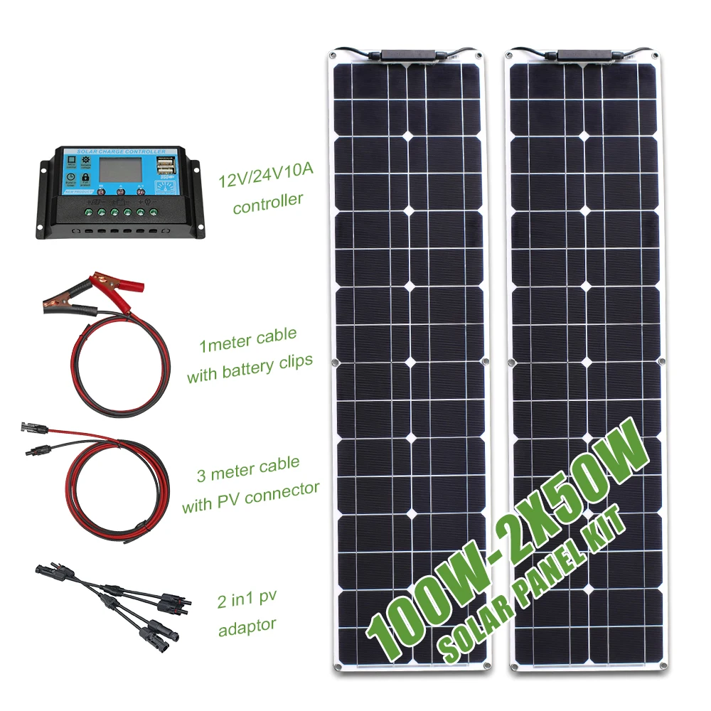 

100w 50w 16v 12v Narrow Shape Monocrystalline Cell Flexible Thin Film Lightweight Waterproof Off Grid Solar Power Panel Kit