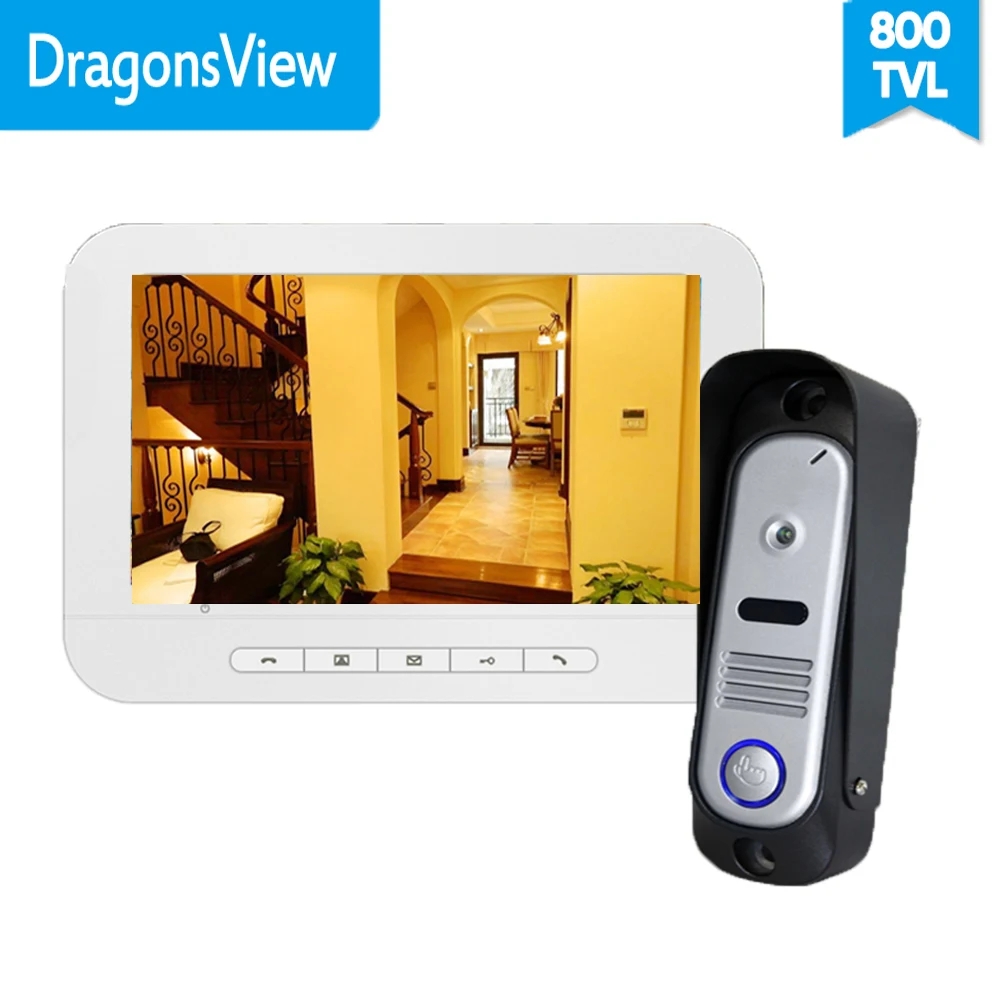 Драгонсвью Проводная видео дверная звонилка с камерой 7-дюймовый внутренний монитор, черный, разблокировка и разговор через дверную панель.