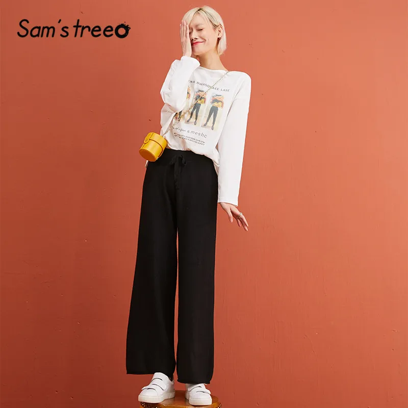 SAM'S TREE/черные однотонные вязаные Свободные повседневные женские брюки, зимние абрикосовые свободные женские брюки с высокой талией и шнуровкой