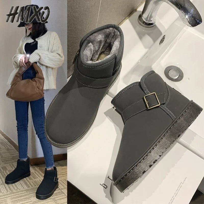 

Зимние теплые женские сапоги HMXO в Корейском стиле на плоской подошве для студентов, снегоступы с низким верхом и лодыжками, бархатные теплы...