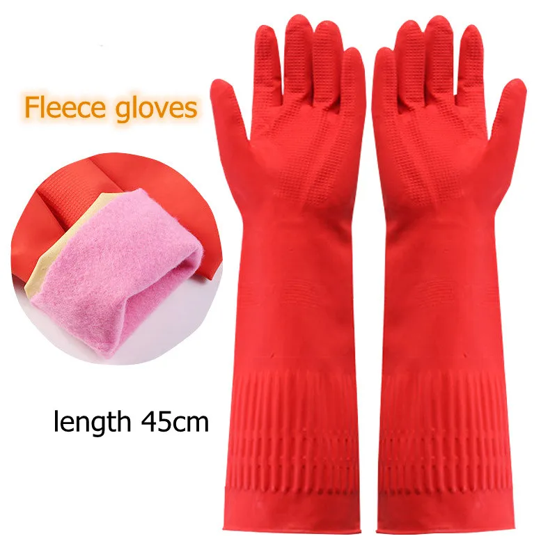 

Толстые зимние теплые латексные перчатки для мытья посуды, аксессуары для кухни, флисовые перчатки длиной 45 см/пара