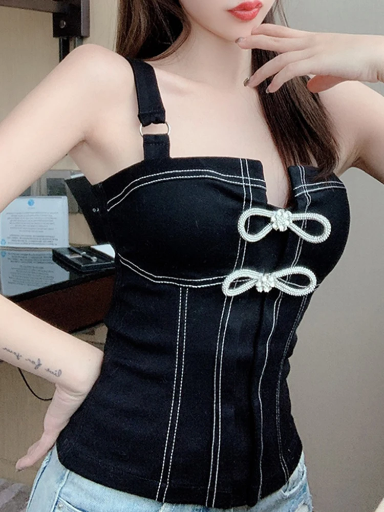 Бесплатная доставка черный джинсовый жилет на бретельках с бантиком и блестящей