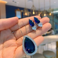 2021 trend water drop tanzanite gemstone lab diamond pendant necklace earrings jewelry sets gift for women statement wholesale