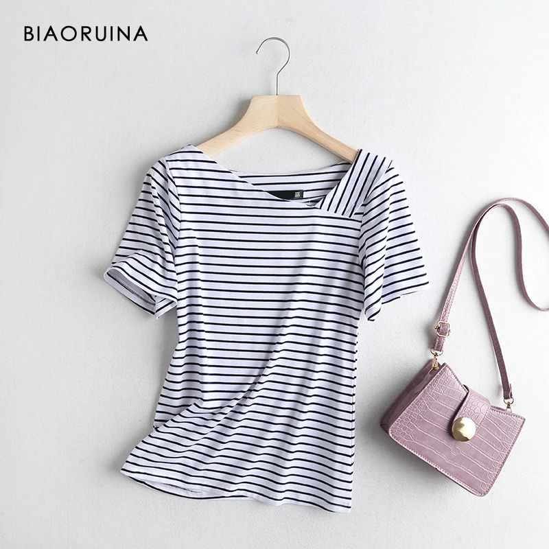 

BIAORUINA Women's Cotton Skew Collar All-match Basic T-shirt Short Sleeve Female Summer Casual Tees Comfortable Fashion Tops