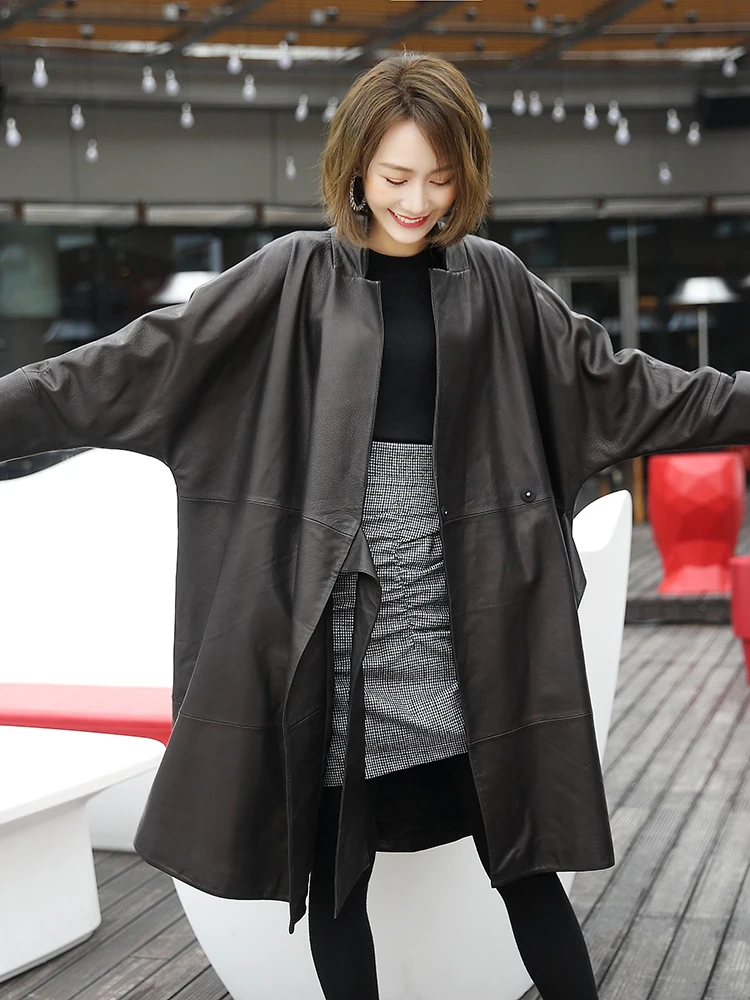 

Lautaro Autumn Long Oversized Black Soft Faux Leather Wrap Coat Women Batwing Sleeve Casual Loose Stylish Korean Fashion 2022