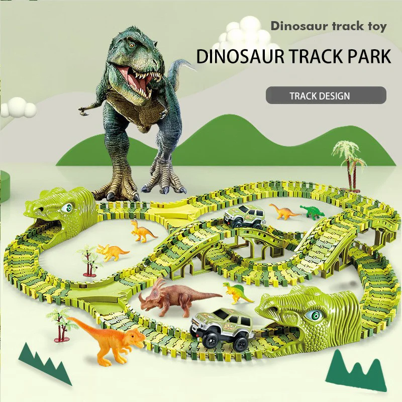 

291Pcs Dinosaur Railway Car Track Racing Track Toys Set Bend Flexible Race Track Flash Light Car Educational Toys for Kids Gift