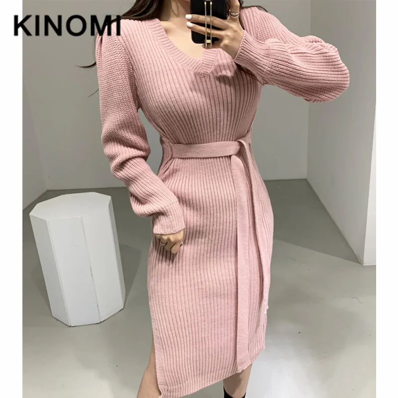KINOMI 2020 зимнее длинное трикотажное платье с v-образным вырезом Новый пояс