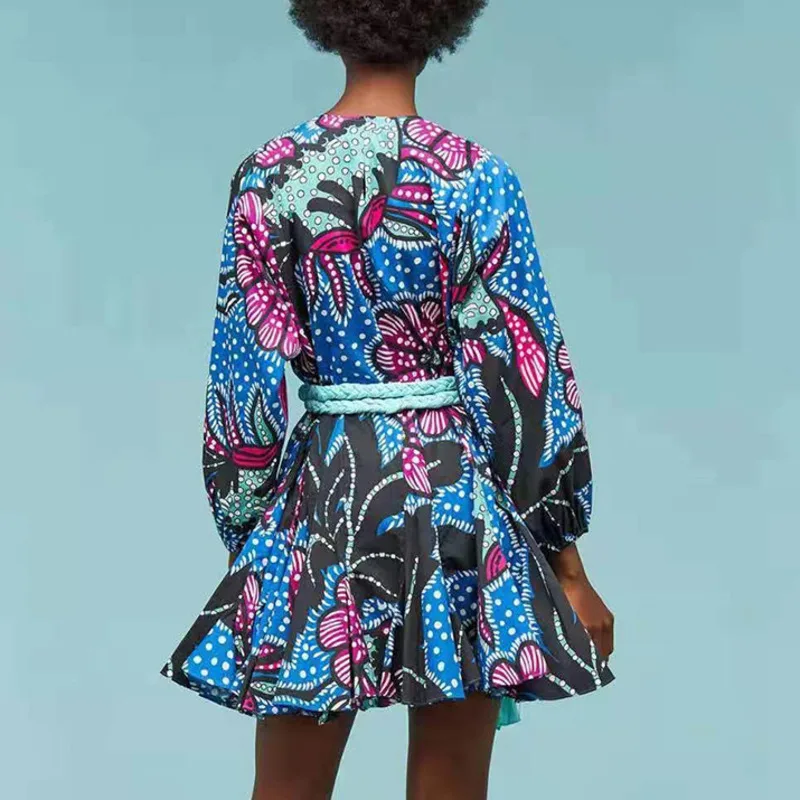 

Mozision Patchwork Print With Belt Dress For Women O Neck Long Sleeve Loose Dresses Ladies 2021 New Printed Dress Vestidos