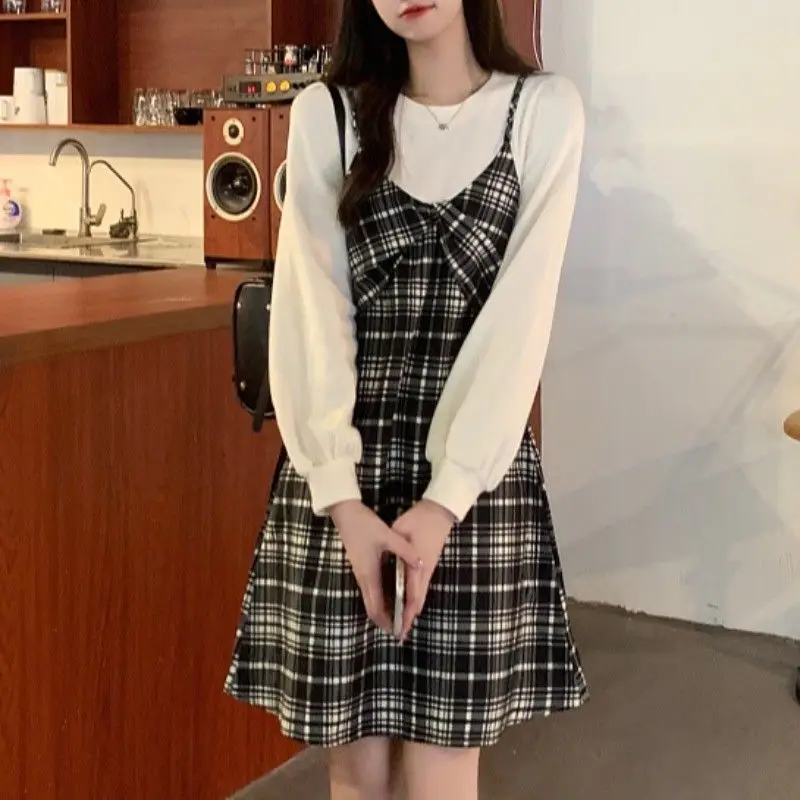 

Женское винтажное платье-трапеция, элегантное клетчатое платье с имитацией двух частей, о-образным вырезом, в Корейском стиле, уличная одеж...