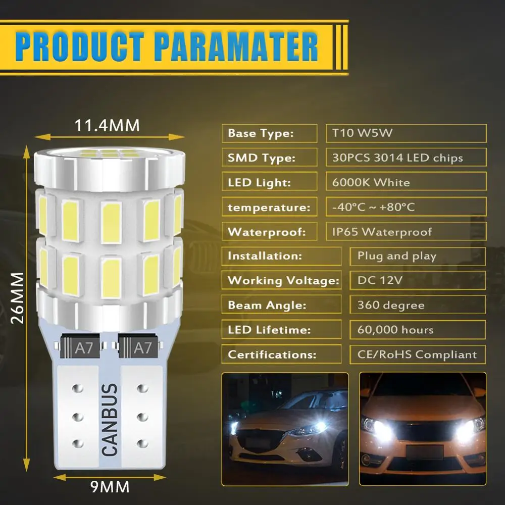 2шт W5W T10 светодиодный Canbus 194 168 безошибочный светильник для BMW Audi Volvo и Toyota Subaru Peugeot