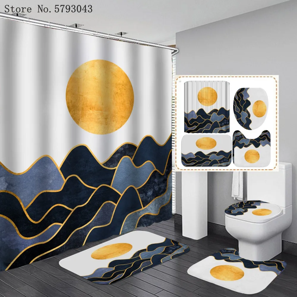 

Landscape Painting Shower Curtains Sunset Sunrise 3D Bathroom Curtain With Hook Set Polyester Waterproof WC Bathtub Screen Decor