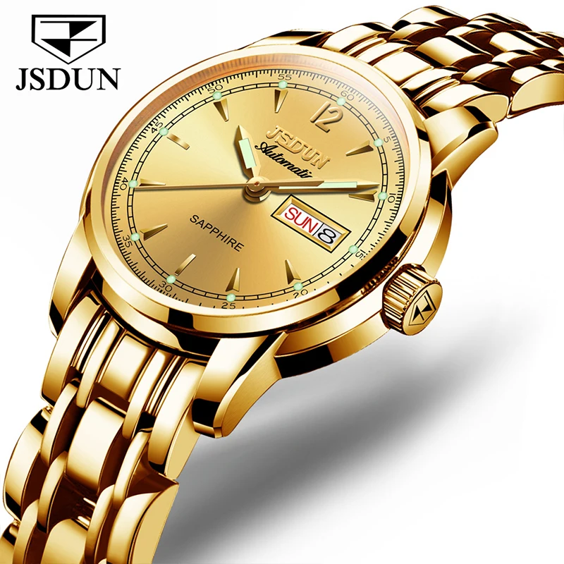 

JSDUN 2021 New Luxury Ladies Gold Dial Design Watches Women Brand Stainless Steel Waterproof Mechanical Automatic Wristwatches