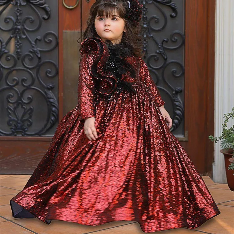 

Burgundy Sparkly Flower Girl Dresses for Wedding Sequined Long Sleeves Little Girl Pageant Ball Gowns First Communion Kids Wears