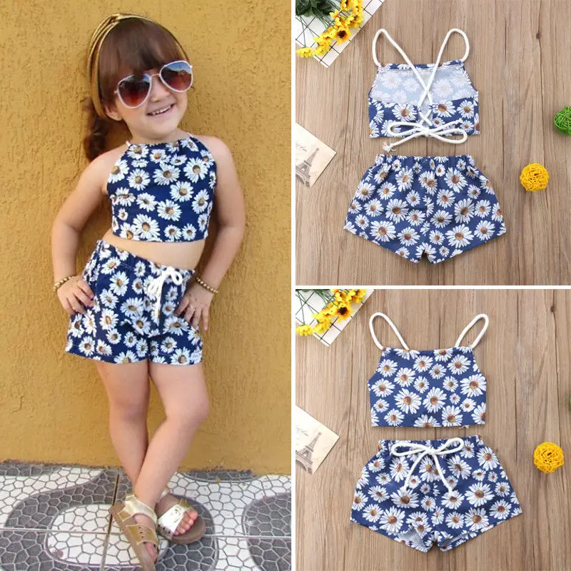 

Kids Baby Girls Summer Floral Outfits Clothes Sleeveless Sling Tank Tops+Shorts Pants 2PCS Sets