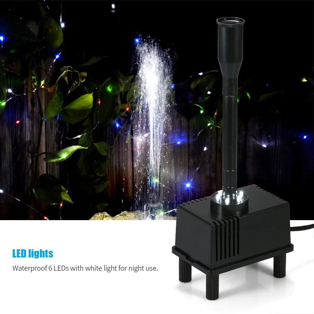 

10W Submersible Water Pump with LED Light for Aquarium Fish Tank Pond Garden Bird Bath Fountain 600L/H AC 110V