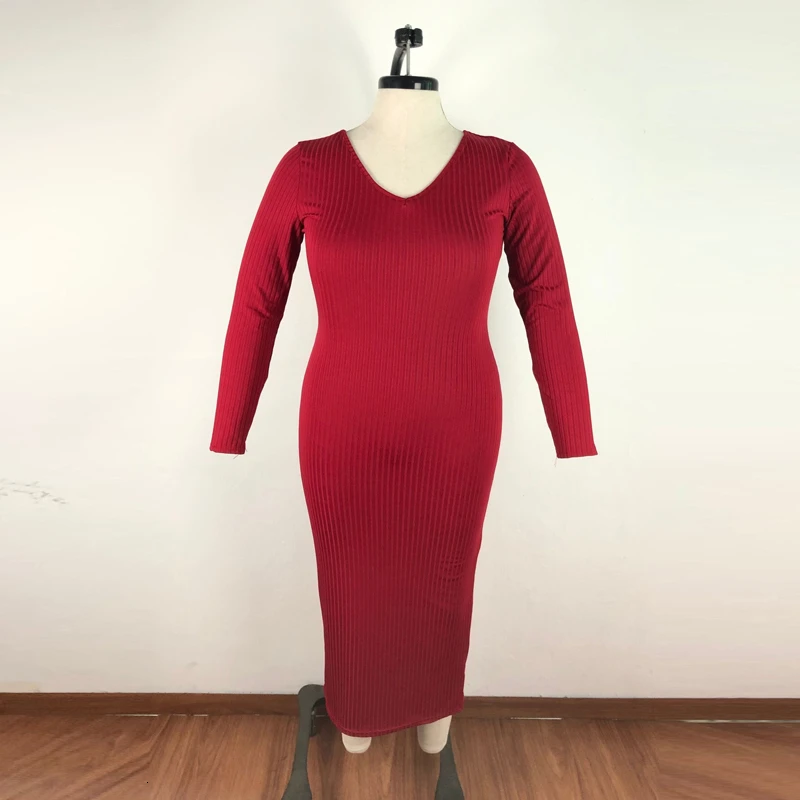 Облегающее длинное платье макси размера плюс XL~ 6XL с v-образным вырезом и длинным рукавом, вязаное осенне-зимнее платье, Элегантное повседневное платье для женщин
