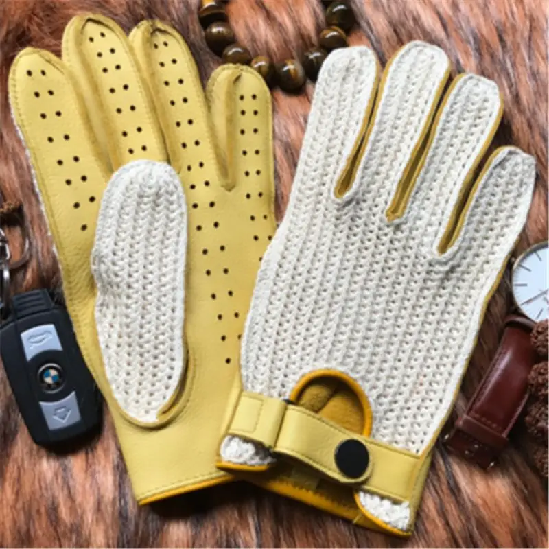 Перчатки из натуральной кожи импортные Deerskin ручной работы вождения Мужские Женские Перчатки для фитнеса кожа+ трикотажные перчатки AM032A - Цвет: Цвет: желтый