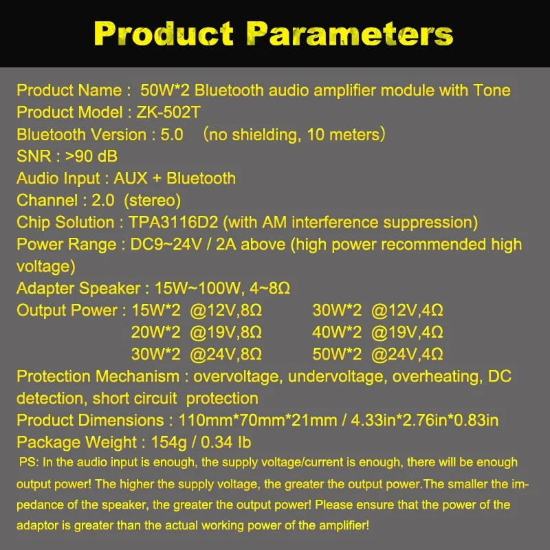 ZK-502T TPA3116D2 Bluetooth 5 0 панель усилителя сабвуфера 2 каналов высокая мощность 2x50 Вт |