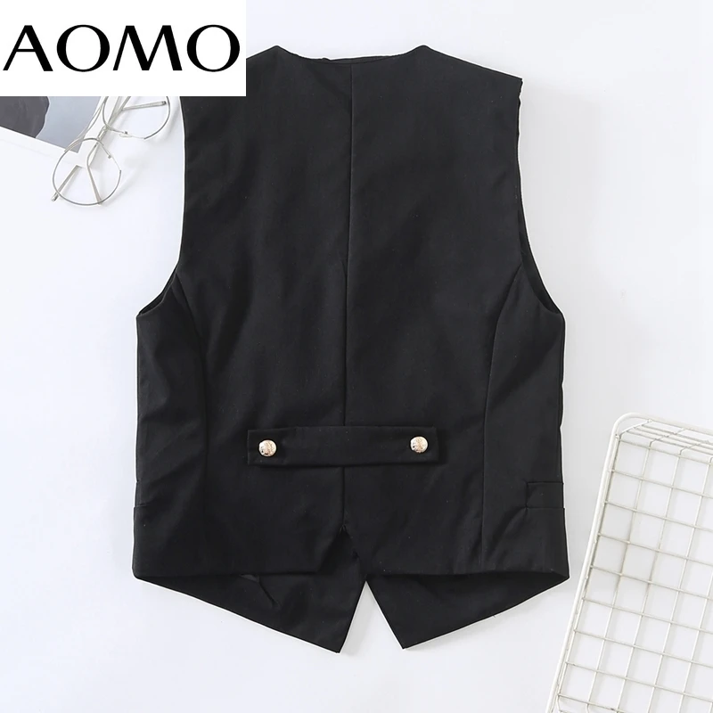 

AOMO Women 2021 Fashion Blak Buttons Vest V Neck Sleeveless Female Waistcoat Chic Tops 6H65A