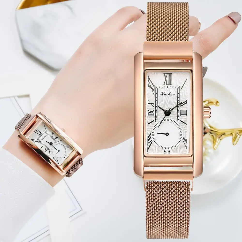 

Women Square Dial Luxury Watches Ultra Thin Mesh Belt Magnetic Quartz Clock Ladies Dress Watch Classic Rose Gold Bracelet Clock