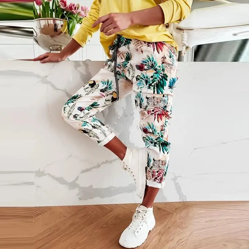 

Spring Summer New Flower Print Long Pants Fashion Lace-Up Elastic Waist Sport Trousers Casual Women Pocket Sweatpants Streetwear