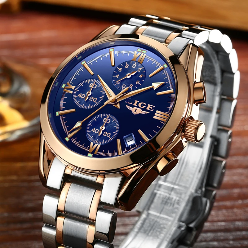 Мужские часы LIGE брендовые Роскошные Кварцевые спортивные полностью стальные
