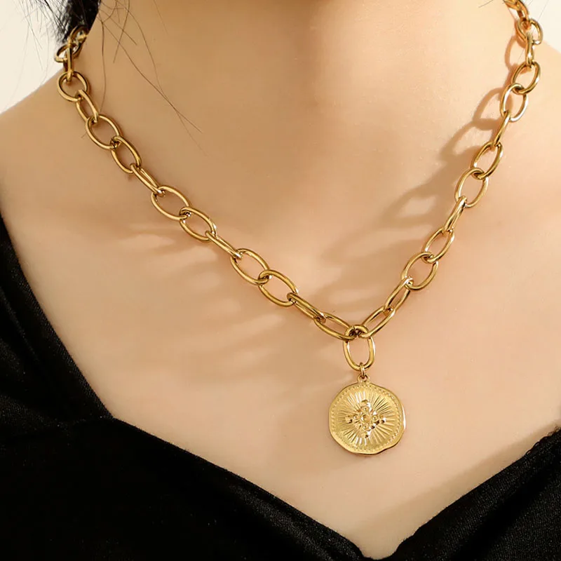 

Stainless Steel Gold Plated Cuban Chain Round Brand Pendant Necklace Punk Style Atmospheric Steel Thick Chain Choker For Women