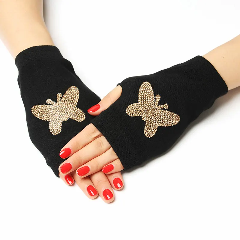 Lady Rhinestone Fingerless Gloves Rose Animals Printed Women Men Winter Warm Knitted Wool Half Finger Computer Mittens | Аксессуары для