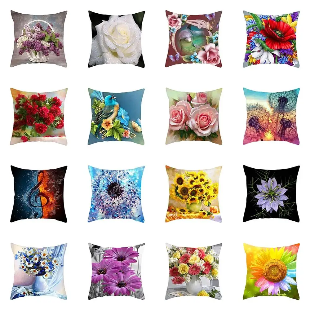 

18" Various Colorful Flower Cushion Cover Sunflower Rose Pillowcase Dandelion Pattern Printing For Living Room Seat Home Decor