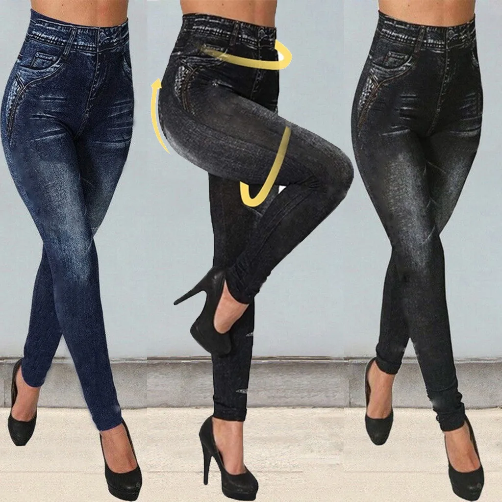 Женские эластичные джинсы с высокой талией принтом Леггинсы имитацией джинсов