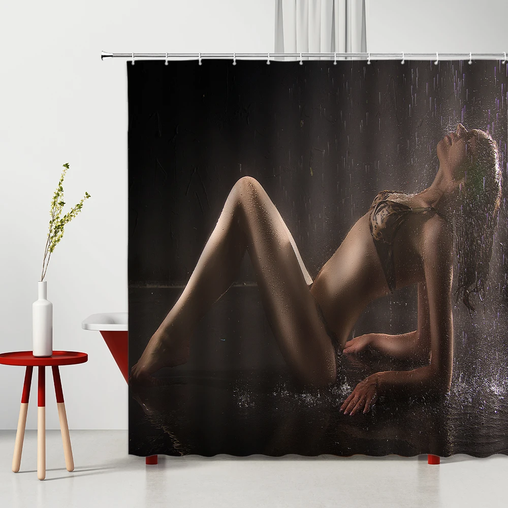 

Привлекательная Женская занавеска для душа с 3D рисунком красивой девушки под дождем, украшение для ванной комнаты, моющиеся тканевые товар...