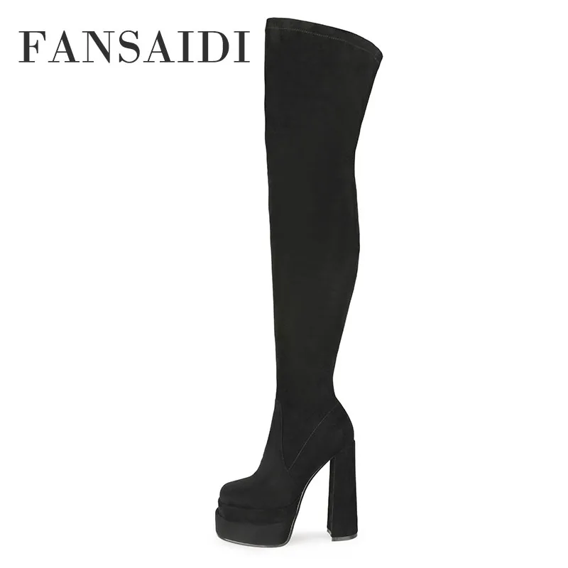 FANSAIDI Winter Female Boots Square Toe Platform Zipper High Heels Clear HeelsOver The Knee Boots Ladies Boots 42 43 44 45