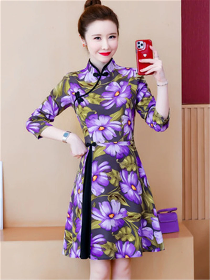 

New Spring Autumn Women's Dress Improved Cheongsam Vintage Print Big Size Slim Female Qipao Long Sleeve Flowers Ladies Dresses
