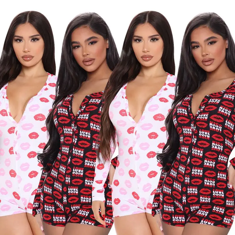 

ZKYZWX Lips Printed Bodycon Playsuit Long Sleeve One Piece Sexy Club Outfit for Women Trendy Clothing Pajamas Overalls Jumpsuit