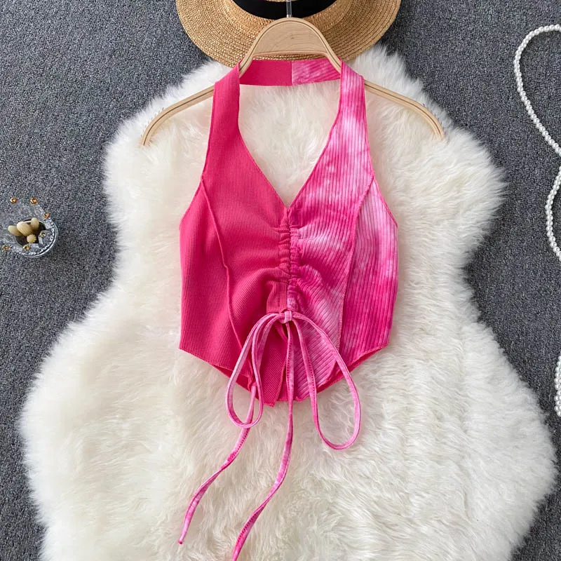 

Summer Sexy Camis Slim Female Halter Crop Top With Sleeve Knitted Bodycon Tops
