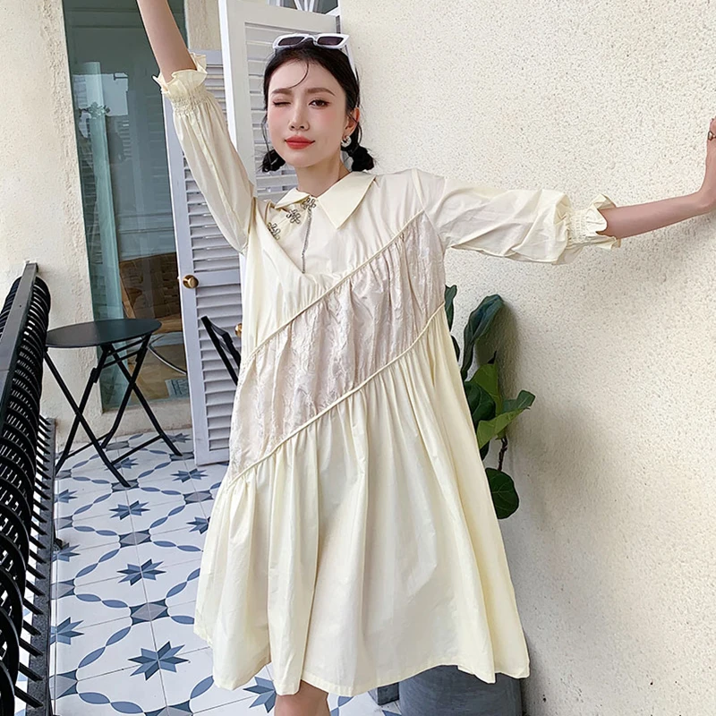 

LANMREM Casual Prom Female Kawai Jacquard Stitching Pleating Asymmetric Peter Pan Collar Summer Women's Dress 2021 2P1731