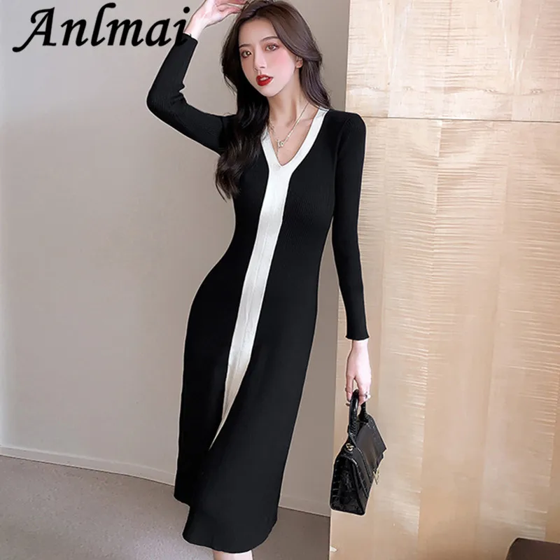 

Elegant Knitted Long Dress Women Color-Blocked Sexy Split Long Sleeve V-Neck A-Line Sweater Dresses