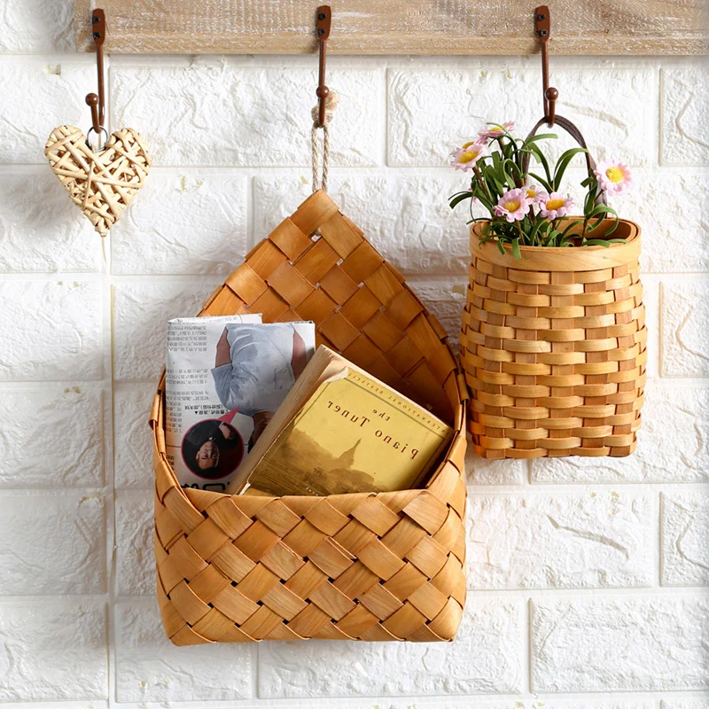 Cesta de almacenamiento colgante de pared, cesta de mimbre Natural para flores, maceta de ratán, contenedor de decoración de pared para el jardín del hogar